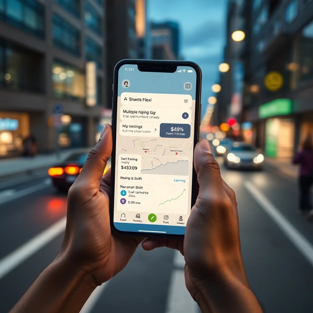 Primer plano de un smartphone mostrando la app Flexi para optimizar tareas y ganancias.